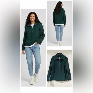 Aerie Green Cable Knit Chenile Quarter Zip Oversized Pullover Sweater size S/P